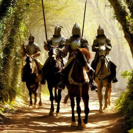 Sir William Asthorpe and squires, riding down Devon country lane. Image created using Bing AI / DALL-E