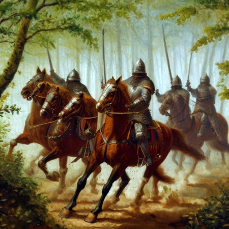 Medieval soldiers on horseback... but count the horses' heads. Image created using Bing AI / DALL-E