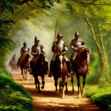 Sir William Asthorpe and squires, riding down Devon country lane. Image created using Bing AI / DALL-E