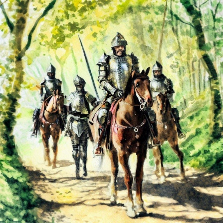 Sir William Asthorpe and squires, riding down Devon country lane. Image created using Bing AI / DALL-E